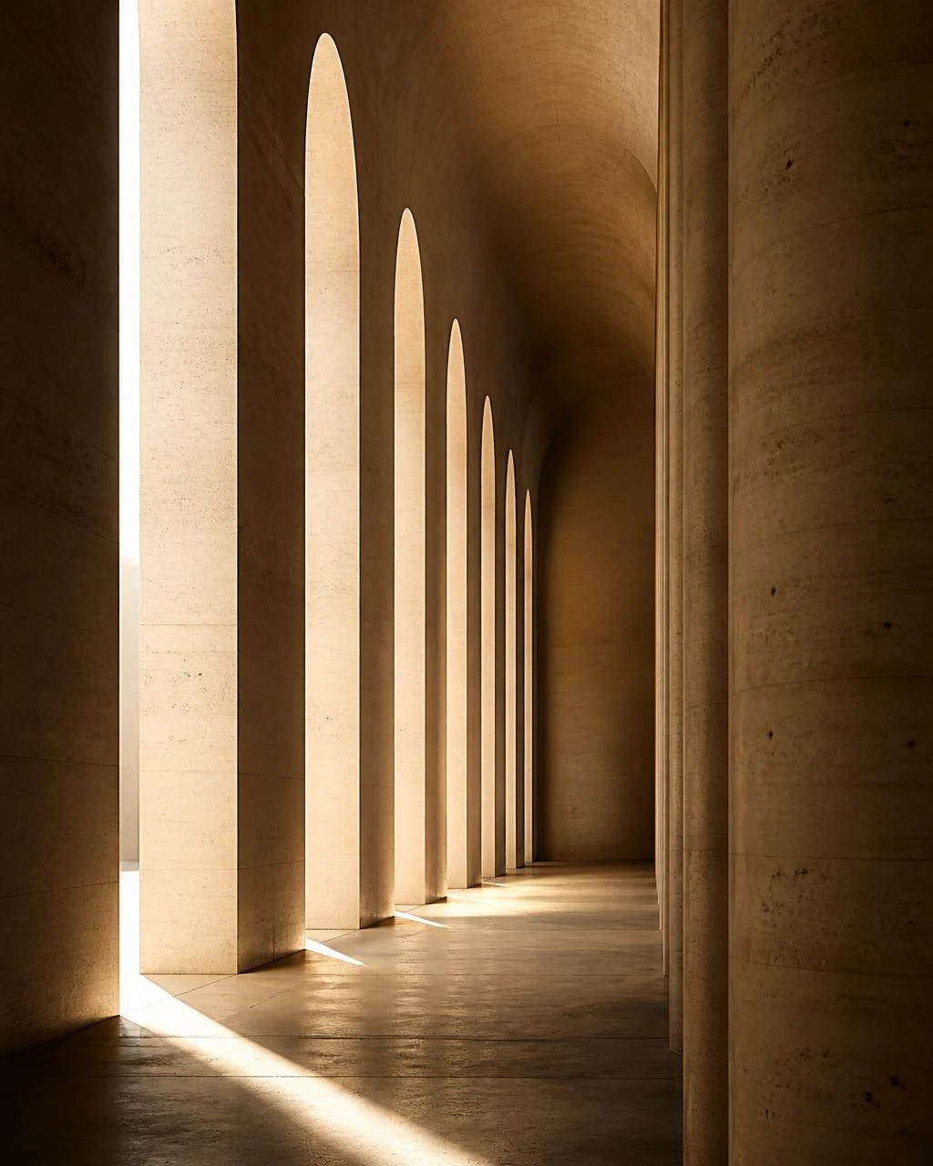 Arched stone colonnade with warm architectural light
