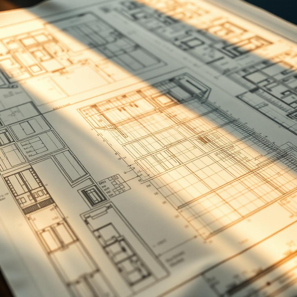 Architectural blueprints and technical line drawings in warm light
